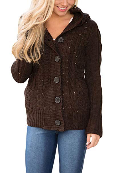 Asvivid Womens Hooded Cable Knit Button Down Outwear Fleece Sweater Cardigans Coats with Pockets