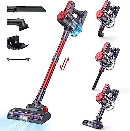 EICOBOT Cordless Vacuum Cleaner,20000Pa High Efficiency Stick Vacuum,6 in 1 Lightweight Quiet Vacuum Cleaner with 35min Long Runtime,Detachable Battery, for Hardwood Floor Pet Hair,Car,Tomato