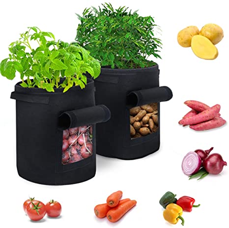 Ledeak Garden Plant Grow Bags, 2 Pack 7 Gallon Aeration Fabric Pots with Strap Handles and Flap, Premium Thickened Nonwoven Fabric Containers for Nursery Vegetable Planting (Black)