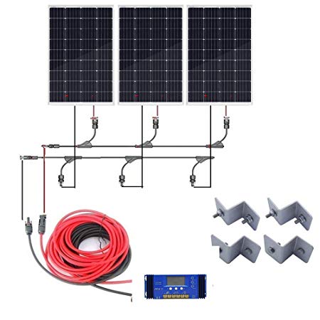 ECO-WORTHY 300 Watts Solar RV Boat Kit Off Grid: 3pcs 100W Polycrystalline Solar Panel Module   30A PWM Charge Controller   32Ft Solar Cable Adapter   MC4 Branch Connectors   Z Mounting Brackets