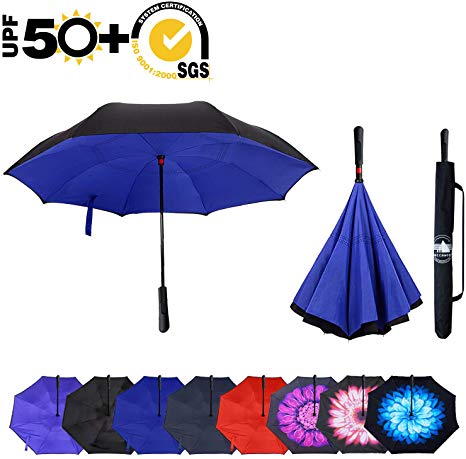 ABCCANOPY Inverted Umbrella,Double Layer Reverse Windproof Teflon Repellent Umbrella for Car and Outdoor Use, UPF 50  Big Stick Umbrella with ABS Handle and Carrying Bag