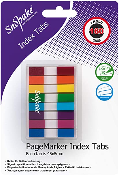 Snopake 15845 Index Tab Pagemarkers with Colour Coded Tips - 160 Tabs - 45 x 8mm [Assorted Colours]