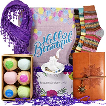 Birthday Gift Baskets for Women - Includes: Journal for Women, Ring Holders for Jewelry, Bubble Bath for Women, Warm Socks, and Womens Scarves for Wife, Friend Aunt, Sister or Daughter