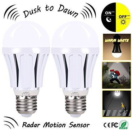 Motion Sensor LED Light Bulbs, 9W A19 E26 Smart Dusk to Dawn Radar Sensor Bulb Warm White 2700K Auto On/Off Indoor /Outdoor LED Sensor Lighting Lamp for Garage, Stair, Walkway, Yard, Hallway, 2-Pack