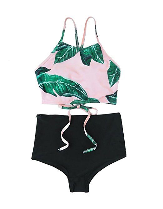 Creabygirls Womens Green Leaves High Waist Two Piece Swimsuit Cute Pink Bathing Suit