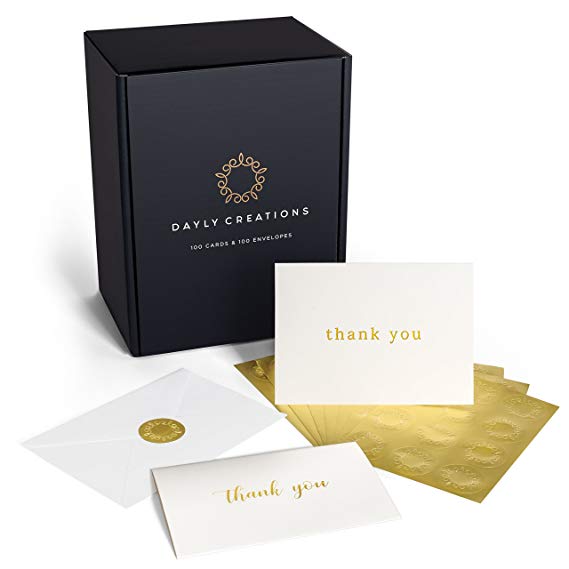 Thank You Cards Bulk | 100 Gold Foil Letterpress Thank You Notes with Envelopes & Gold Sealing Stickers | Two Elegant Designs | Perfect for Baby Showers, Weddings, Graduations, Business | Blank Inside