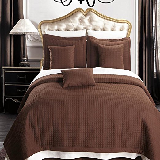 LUXURIOUS&nbsp;CAL KING Size, 6 Piece, Chocolate Checkered Quilted&nbsp;WRINKLE FREE&nbsp;Microfiber Coverlet Set