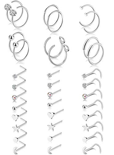 Tornito 20G 8-36Pcs Stainless Steel L Screw Bone Shaped Nose Ring CZ Nose Stud Retainer Labret Nose Piercing Jewelry