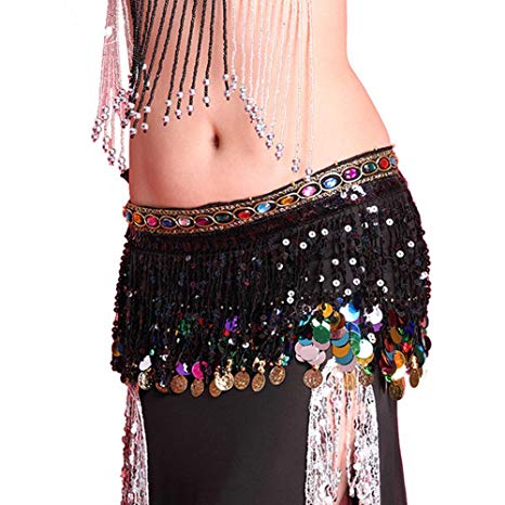 ESHOO Women Multi Colors Chiffon Belly Dance Hip Scarf Ruffled Coin Belt Skirt Hip Wrap
