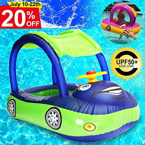 Baby Swim Float with Canopy, Car Shaped Inflatable Swimming Ring Boat with Sunshade for Boys Girls Toddler Infant Float for Pool Floating Cute Boat Summer Outdoor Play (Fit 3-36 Months, Maximum 44lb)