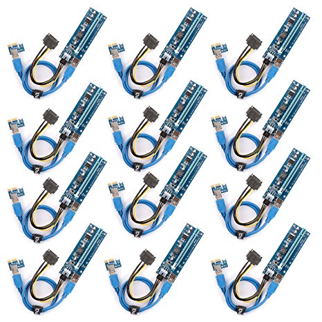 【12-PCS】Ubit PCIe VER 006C 6 PIN 16x to 1x Powered Riser Adapter Card w/ 60cm USB 3.0 Extension Cable & 6-Pin PCI-E to SATA Power Cable - GPU Riser Adapter - Ethereum Mining ETH