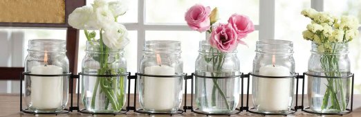 Set of 6 Clear Glass Mason Jars Flatware Caddy Organizer,Votive Candle Holder,flower vase, Mason Jars With Adjustable Metal Rack,Set for Home & Parties, In Gift Box
