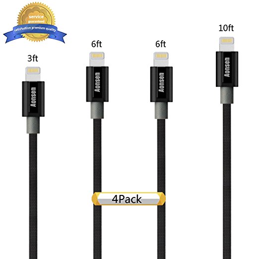 iPhone Cable, Aonsen 4Pack 3FT 6FT 6FT 10FT Charging Cord Nylon Braided - USB Lightning Cable Charger for iPhone 7,SE,5,5s,6,6s,6 Plus,iPad Air,Mini,iPod(Black)
