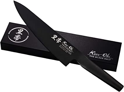 Kuro-Obi Black Titanium Coated Stylish 8 Inch Chef Knife Made from German High Carbon Stainless Steel Designed in Tokyo Japan for Kitchen and Cooking Needs Lightweight Hygienic