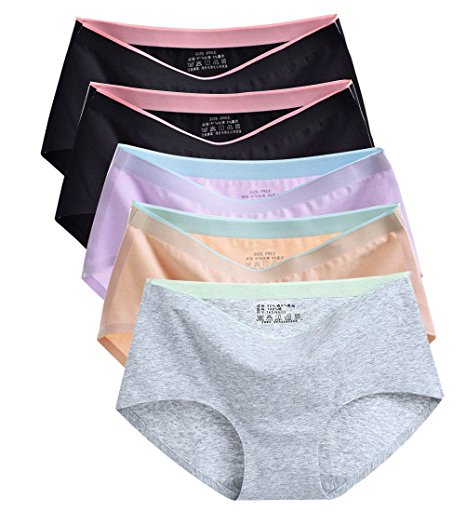 OUENZ Cotton Underwear Women, 5 Pack Seamless Soft Comfortable Breathable Mid Waist Briefs Panties for Women