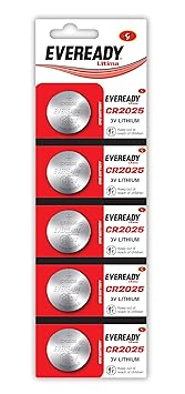 Eveready Ultima CR 2025Lithium Coin Battery 3V - Pack of 5, Best Suited for Keyfobs, Scales,Wearables, Toys & Medical Devices