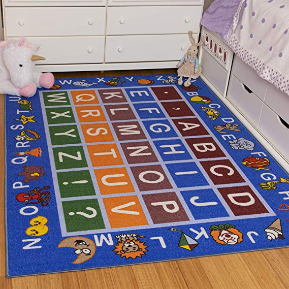 Ottomanson Jenny Collection Light Blue Frame with Multi Colors Kids Children's Educational Alphabet (Non-Slip) Area Rug, Blue, 5'0" x 6'6"