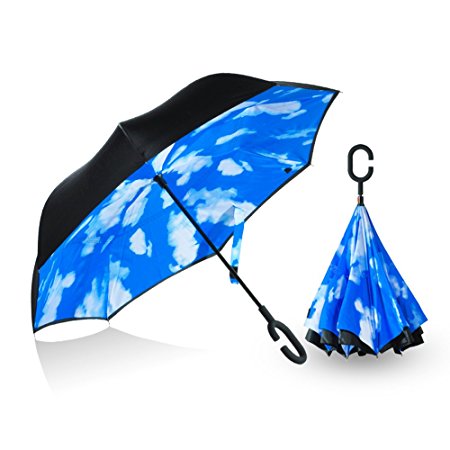 Double Layer Inverted Umbrella, AmbrellaOK Cars Reverse Umbrella Straight Waterproof Inside Out Compact Travel Umbrella for Car