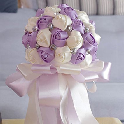 FAYBOX Crystal Satin Rose Bridal Bridesmaid Bouquets Wedding Flower Decor Light Purple