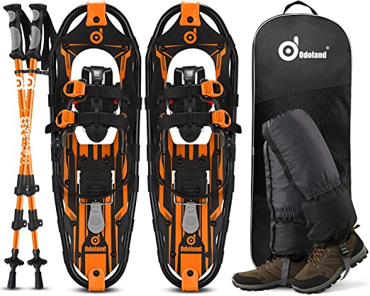 Odoland Lightweight 21/25/30 Inches Snowshoes for Men Women Youth Kids, Aluminum Alloy Terrain Snow Shoes Set with Trekking Poles Snow Leg Gaiters and Carrying Tote Bag