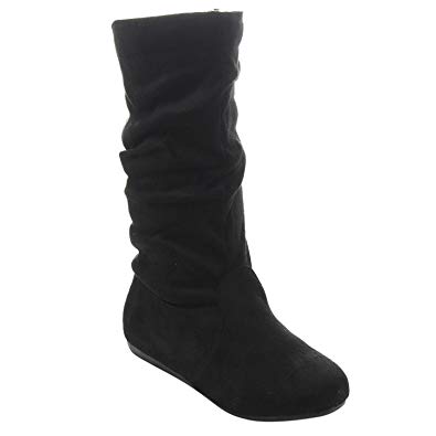 Link Girl's Mid-Calf Solid Color Flat Heel Slouch Boots