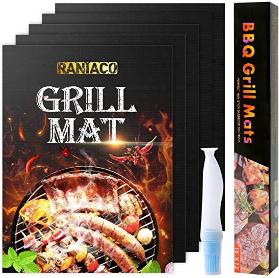 Grill Mat Set of 5 Heavy Duty BBQ Grill Mats with Oil Brush, Non-Stick, Reusable, and Easy to Clean Barbecue Grilling Accessories - Works on Electric, Charcoal and Gas Grills and More - 16 x 13 Inch