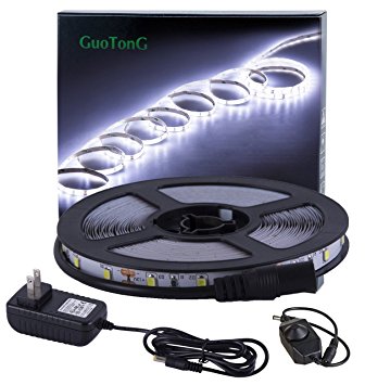 GuoTonG Dimmable LED Light Strip Kit with UL Listed Power Supply, 300 Units SMD 2835 LEDs, 16.4ft/5m 12V DC Non-waterproof, LED Ribbon, DIY indoor Kitchen Bar Celebration Decoration (Daylight White)