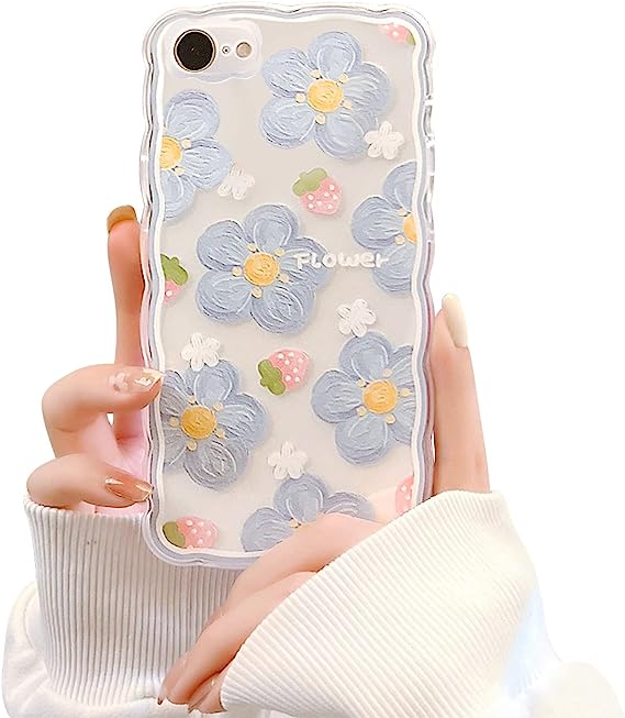 Ownest Compatible for iPhone 7 Case,iPhone 8 Case,iPhone SE 2020/SE 2022 Clear Case with Flower Cute Strawberry Lace Design for Girls Woman TPU Slim Floral Case for iPhone 7/8/SE 2020/SE 2022-Blue