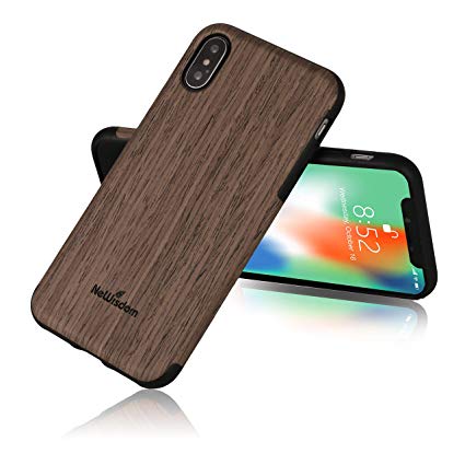 iPhone X Case Wood, NeWisdom iPhone X Wood Case Stylish Unique Slim Soft Rubberized Thin Wood Layer Over Rubber Case Cover for Apple iPhone X - Blackrose
