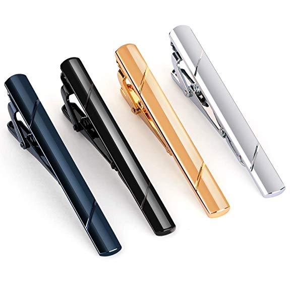 UHIBROS Mens Tie Clip Tie Bar Set for Regular Ties Silver, Black, Blue,Gold Tone Luxury Gift Box Wedding Business Clips