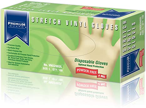 Premium Guard - Disposable Vinyl Gloves, Powder Free, 100 gloves per Box, Size – Large