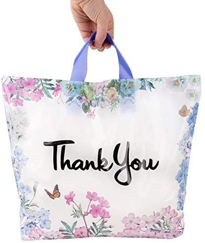 Floral Thank You Plastic Bags 50 Pack 18" x 18" with Soft Loop Handle Thank You Shopping Bags
