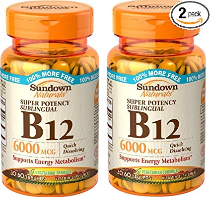 Sundown Naturals Sublingual B-12 6000 Mcg Tablets, 120 Count (2 X 60 Count Bottles)