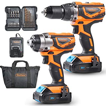 VonHaus 20V Cordless Drill with Hammer Function and Impact Driver Combo Kit with 2x Lithium-Ion 1.5Ah Batteries, Charger Kit and 21pc Drill and Driver Bits