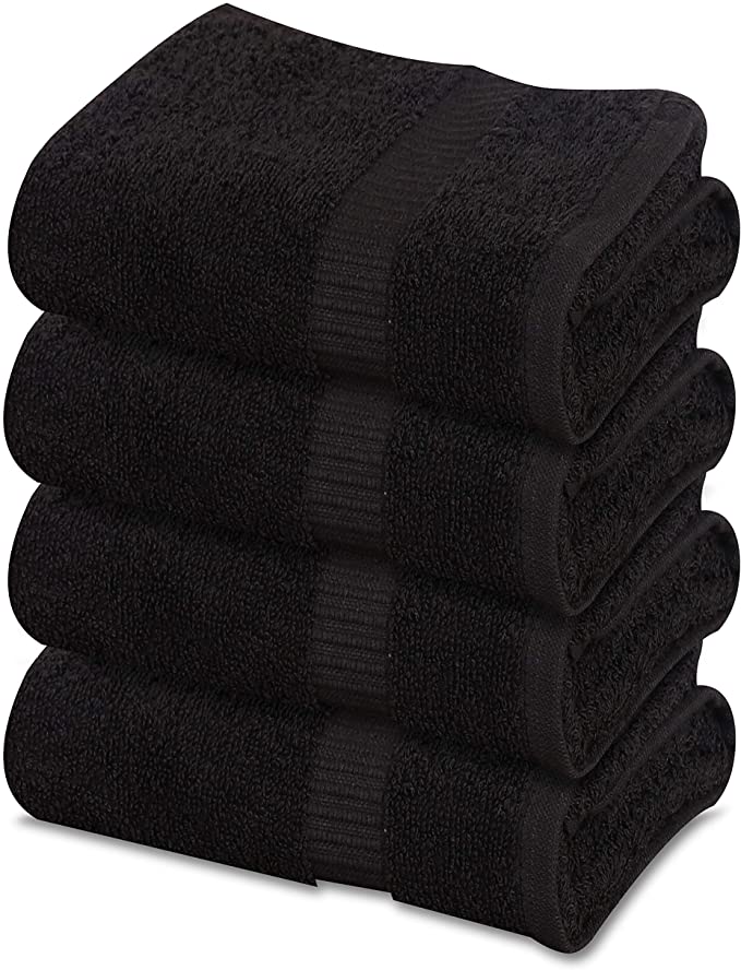GOLD TEXTILES Cotton Large Hand Towels (4-Pack Black,16"x30") -Highly Absorbent Multipurpose Use for Bath, Hand, Face, Gym and Spa (Black)