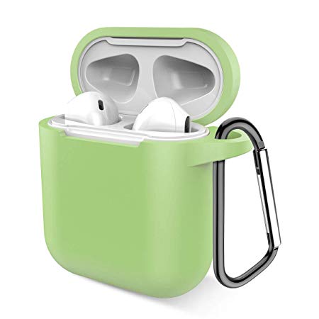Airpods Case, Music tracker Protective Thicken Airpods Cover Soft Silicone Chargeable Headphone Case with Anti-Lost Carabiner for Apple Airpods 1&3 Charging Case (Matcha Green)