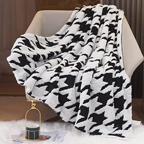 HT&PJ Throw Blanket Super Soft Fluffy Houndstooth Sherpa Fleece Blankets Decorative for Bed, Sofa, Couch - Black and White, 50x60in
