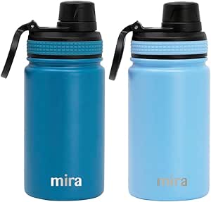 MIRA 2 Pack 12 oz Stainless Steel Water Bottle - Metal Thermo Flask Keeps Cold for 24 Hours, Hot for 12 Hours - Double Wall Vacuum Insulated - Leak Proof BPA-Free Lid, Sky & Denim