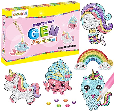 cxwind 8 Pieces Big Gem Diamond Painting Kit for Kids Ages 4-12, 5D Diamond Art Craft Kits for Kids Create Your Own Gems and Keychain for Girls Kids Toddler