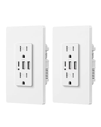 DEWENWILS USB Outlet, 3-Port USB Wall Outlet (2 USB A & 1 USB C), 30W 6A Receptacle Outlet, 15A Tamper Resistant, Screwless Wall Plate Included, UL Listed, 2 Pack, White