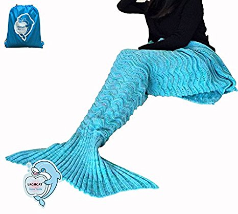 LAGHCAT Mermaid Tail Blanket Knit Crochet and Mermaid Blanket for Adult,Sleeping Blanket (71"x35.5", Wave Blue)