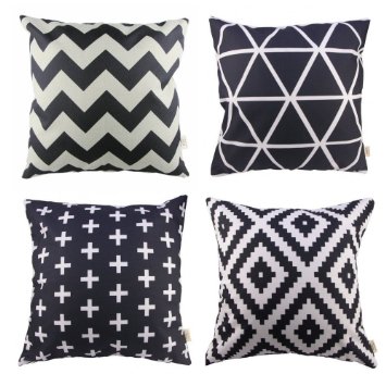 HOSL P61 4pcs Cotton Linen Sofa Home Decor Design Throw Pillow Case Cushion Covers Square 18 Inch (1x plus, 1x Geometry, 1x triangle, 1x Black Zig Zag Chevron)