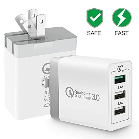 [ QC 3.0   2 USB ] Quick Wall Charger Fast Adapter, 30W 3 Port Tablet iPad Phone Quick Charge 3.0 Travel Adapter SmartPorts Foldable Plug Compatible SamsungS9/S8/ Note8 iPhoneX/8 iPad LG Nexus HTC