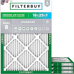 Filterbuy 18x25x1 Air Filter MERV 8 Dust Defense (4-Pack), Pleated HVAC AC Furnace Air Filters Replacement (Actual Size: 17.50 x 24.50 x 0.75 Inches)