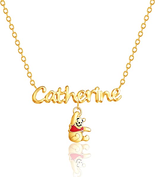 Disney Winnie the Pooh Nameplate Necklace 18" - Yellow Gold Plated Sterling Silver Personalized Necklace - Official License