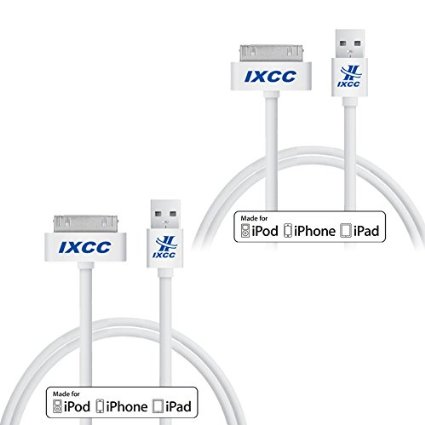 iXCC 3ft Apple MFi Certified 30 pin to USB Sync and Charge Cable for iPhone 44s iPad 23 iPod 1-6 Gen - 2pc White