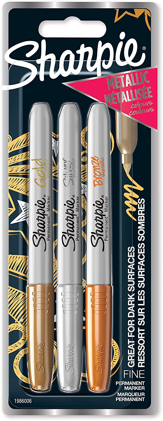 Sharpie Permanent Markers, Fine Tip, Assorted Metallic Colours, Pack of 3