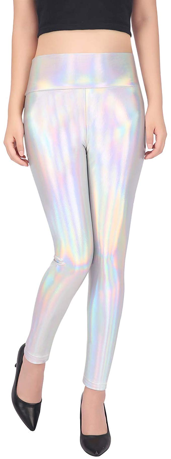 HDE Women's Shiny Holographic Leggings Liquid Metallic Pants Iridescent Tights