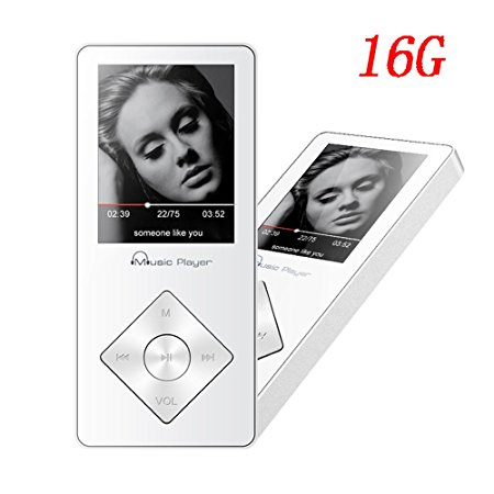 HONGYU Music Player , 16GB Lossless Speaker MP3 Player 60 Hours Playback Hi-Fi Sound Portable Audio Player with Voice Recorder / FM Radio Expandable Up to 64GB (White)
