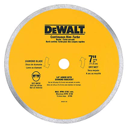 DEWALT DW4760 7-Inch Wet Cutting Continuous Rim Saw Blade with 5/8-Inch Arbor for Ceramic or Tile